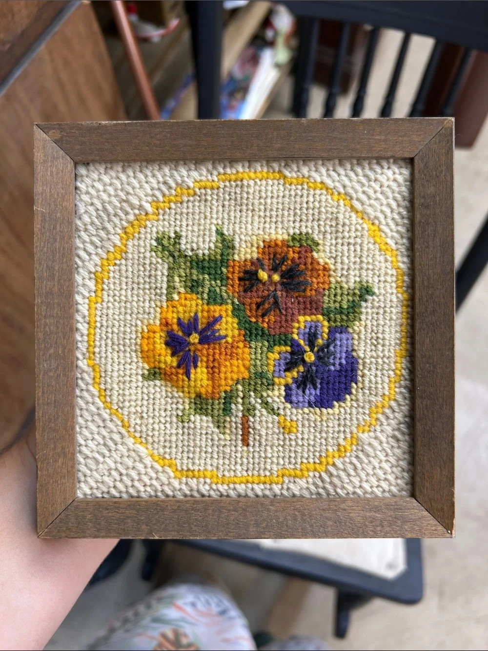 Vintage Framed Pansy Cross-Stitch in Yellow, Purple, Orange, Green